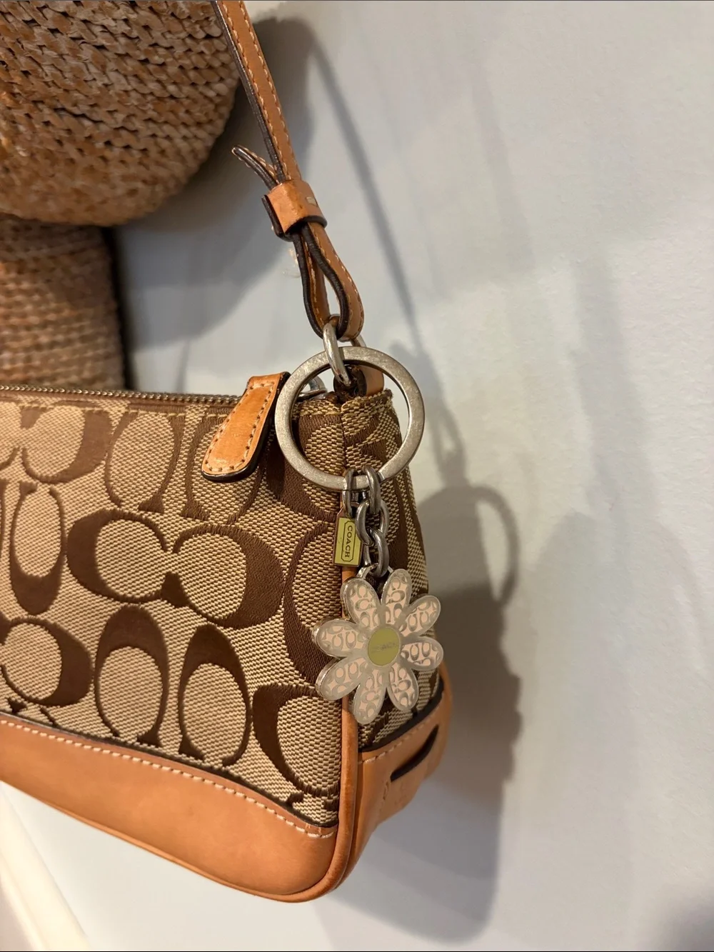 Coach Brown Tan Signature Canvas Shoulder Bag with Leather Trim #6094